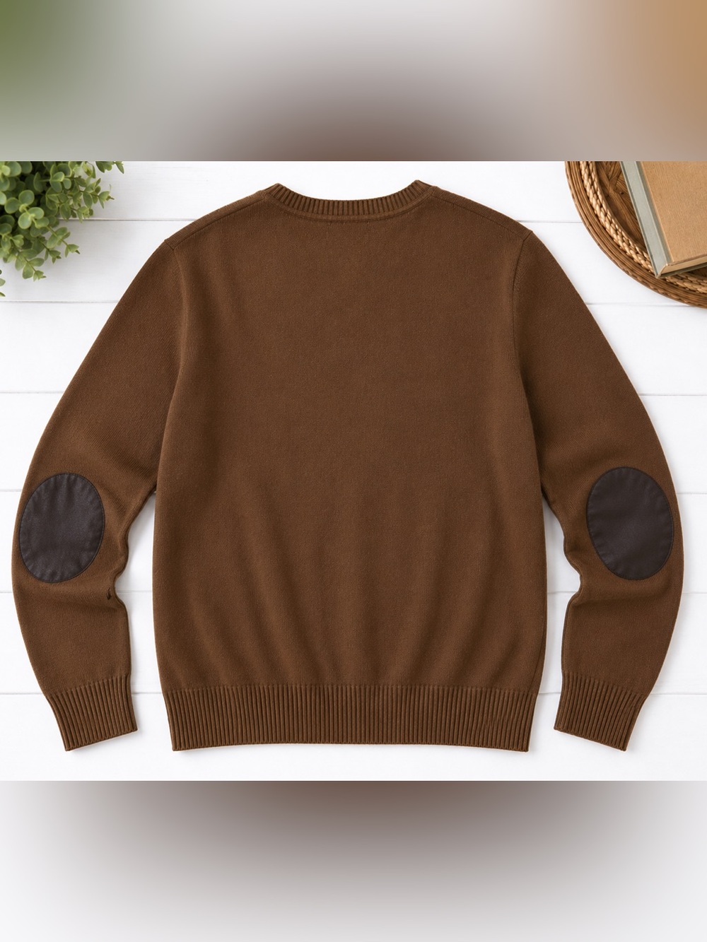 Banana Republic Merino Wool Blend V Neck Sweater Elbow Patch Brown Men’s L - Picture 3 of 6
